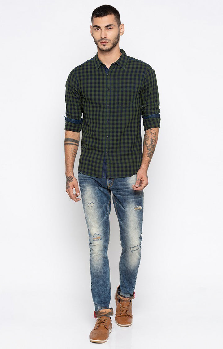 Spykar Men'S Green Cotton Checked Casual Shirts