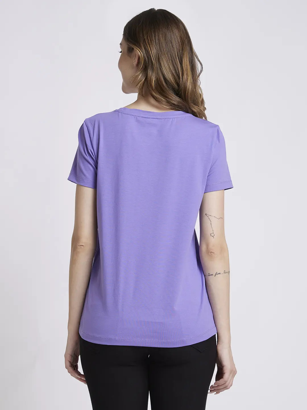 Spykar Women Digitallavender Blended Regular Fit Half Sleeve Round Neck Printed Tshirt