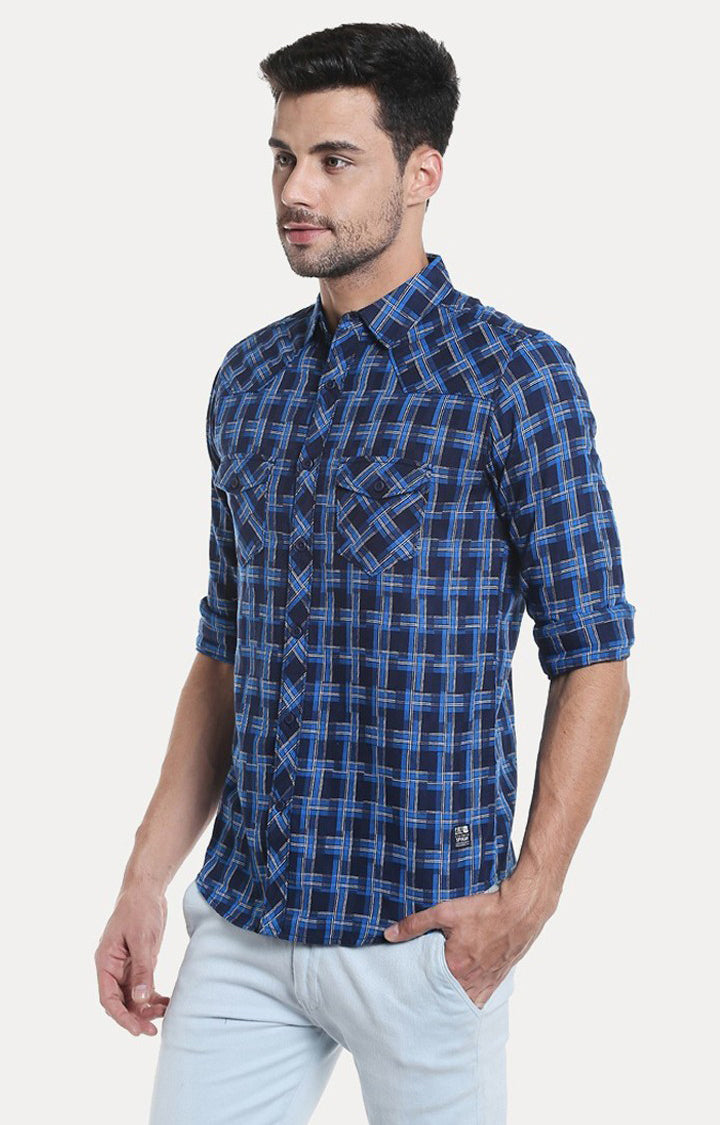 Spykar Men'S Blue Cotton Checked Casual Shirts