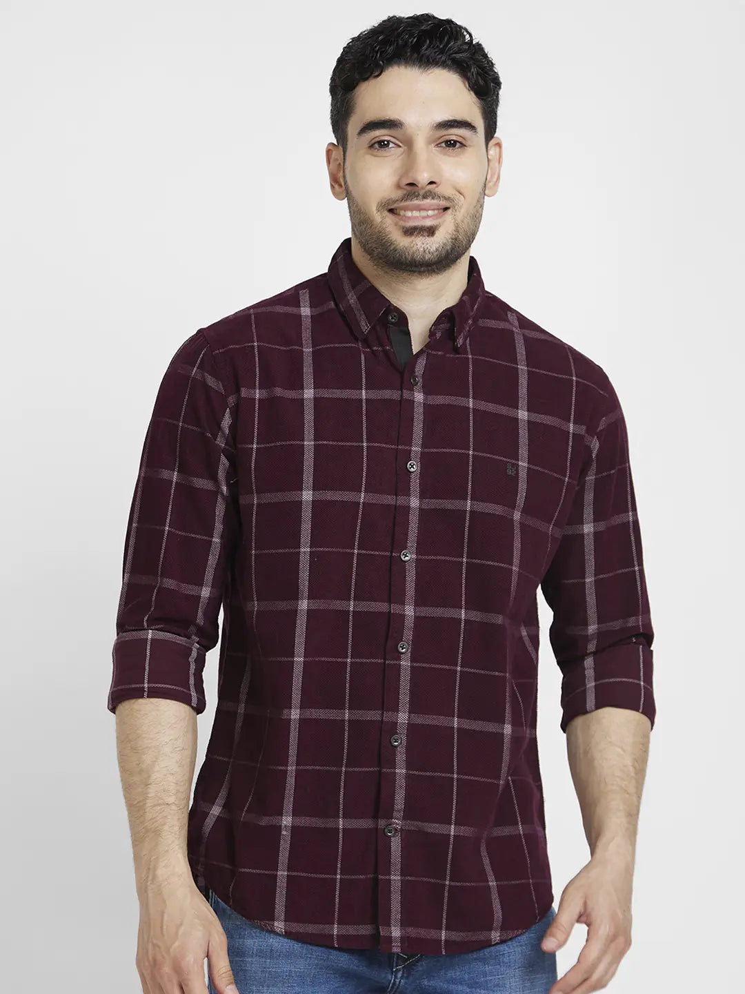 Spykar Men Wine Red Cotton Regular Slim Fit Full Sleeve Checkered Shirt