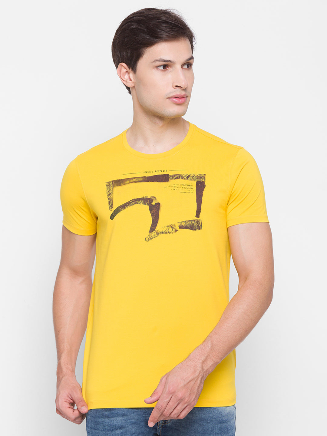 Spykar Men Yellow Cotton Slim Fit Round Neck T-Shirt