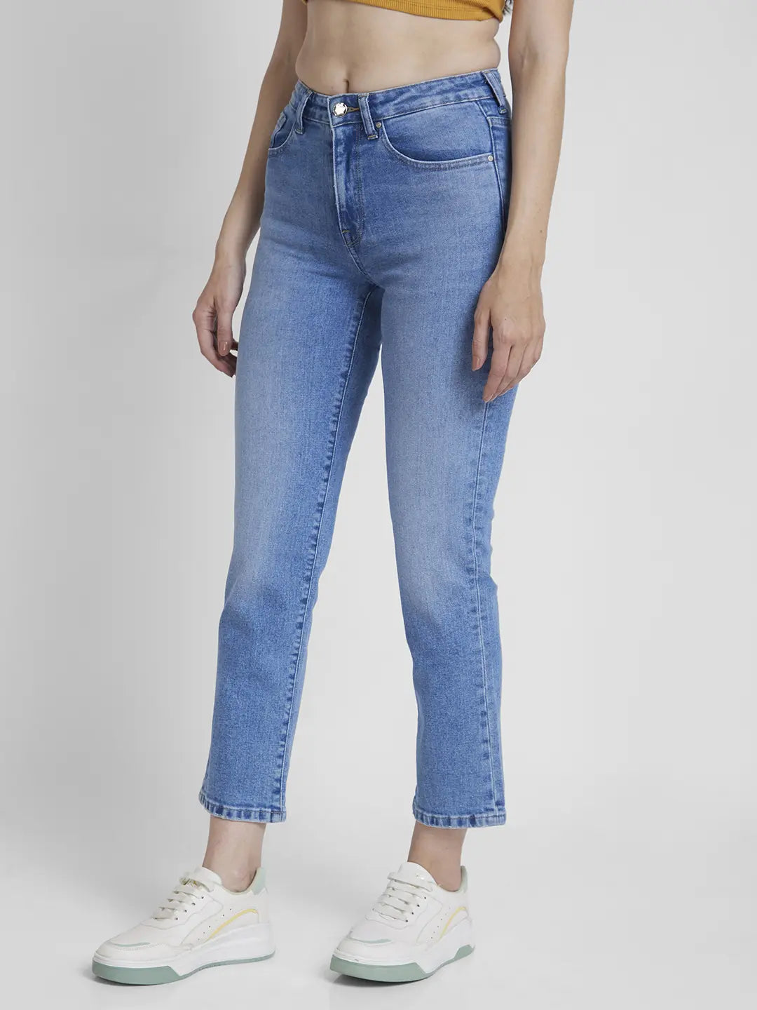 Spykar Women Light Blue Lycra Slim Straight Fit Ankle Length Clean Look Jeans -(Emma)