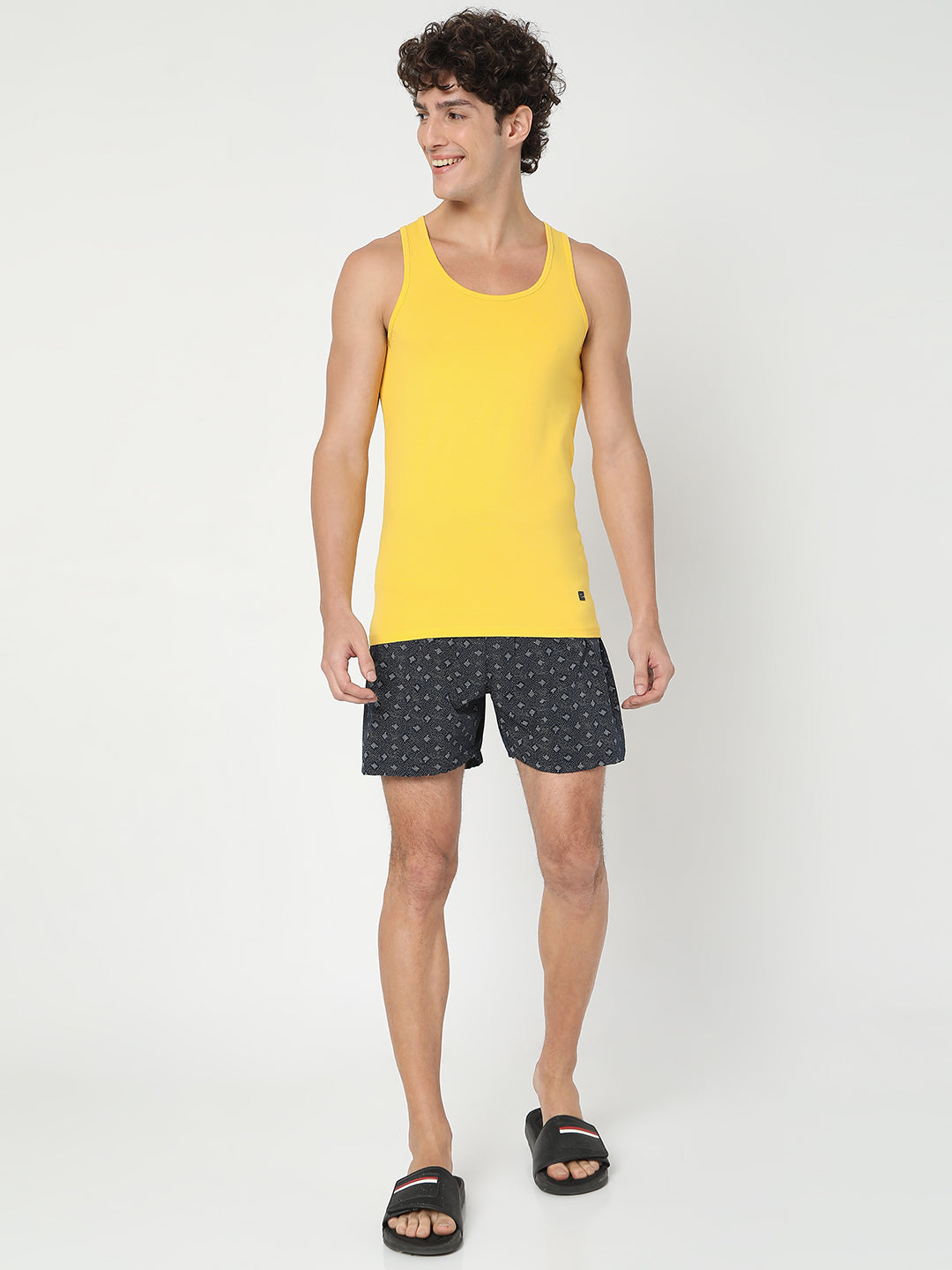 Men Premium Yellow Cotton Blend Regular Fit Vest - Underjeans By Spykar