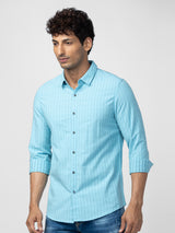 Spykar Men Haze Blue Cotton Slim Fit Striped Shirt