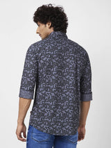 Spykar Men Dark Grey Poplin Regular Slim Fit Full Sleeve Causal Printed Shirt