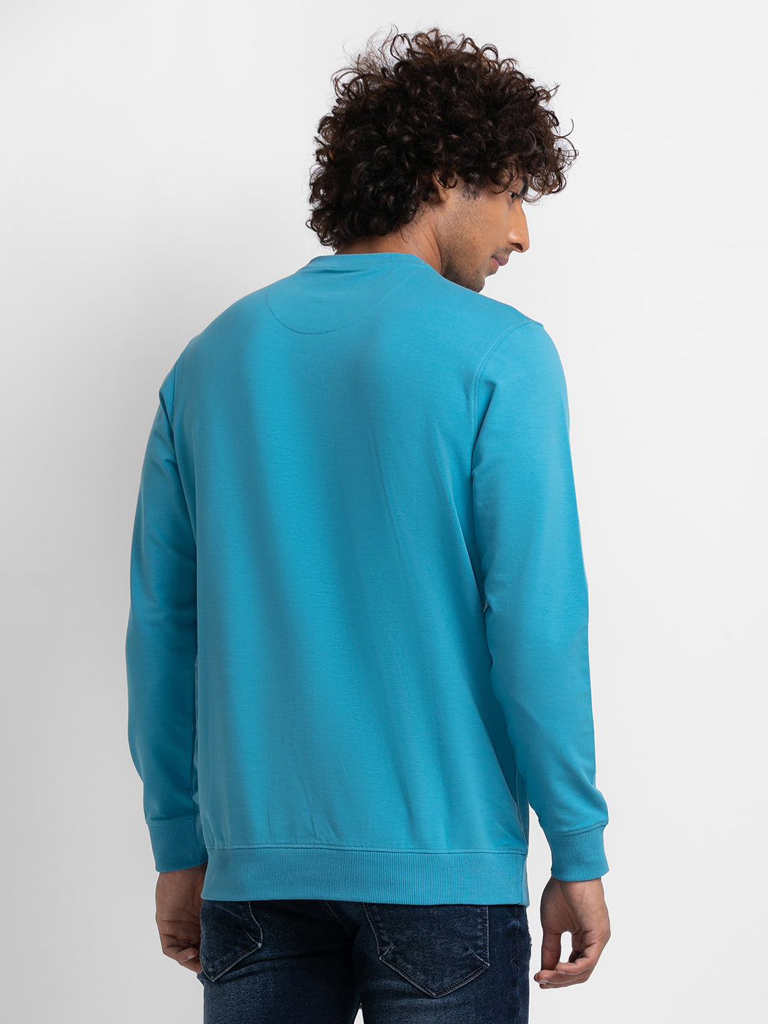 Spykar Cool Blue Cotton Full Sleeve Round Neck Sweatshirt For Men
