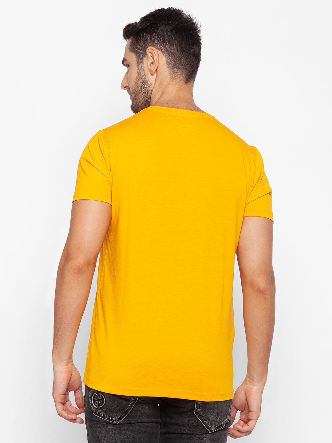 Spykar Men Yellow Cotton Slim Fit Round Neck T-Shirt