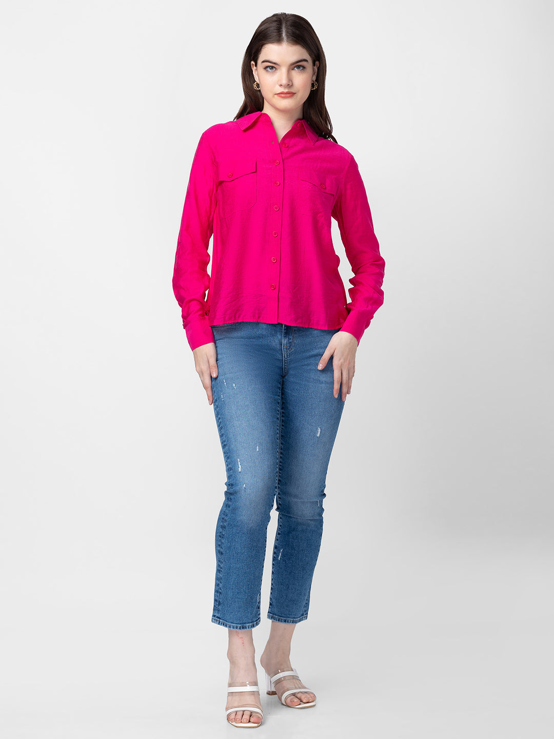 Spykar Women Fuschia Pink Cotton Regular Fit Plain Shirts