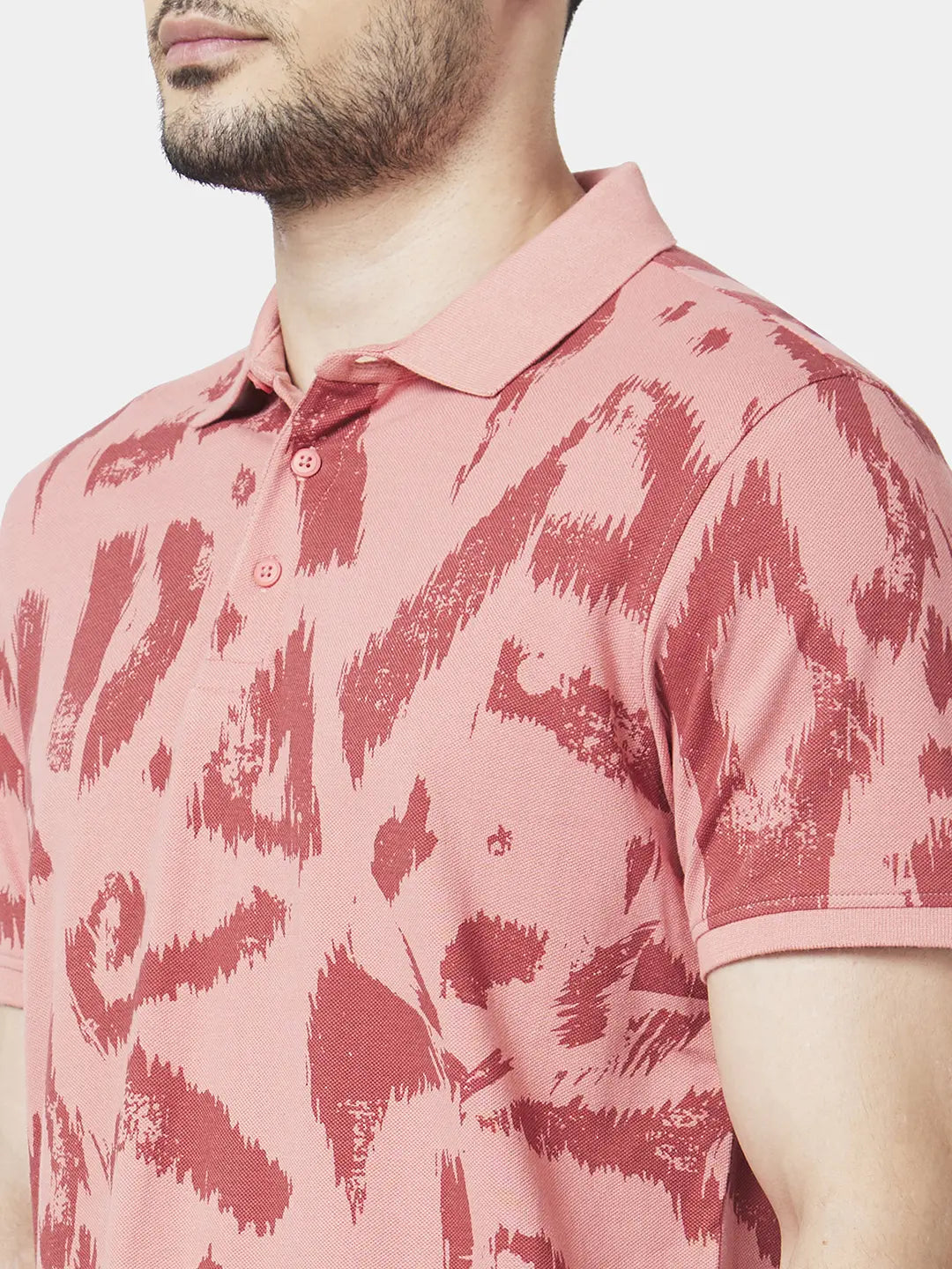 Spykar Men Dusty Pink Cotton Slim Fit Half Sleeve Polo Neck Printed Tshirt