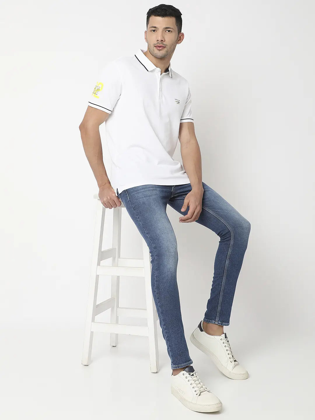 Spykar Men White Cotton Regular Fit Plain Polo Tshirt