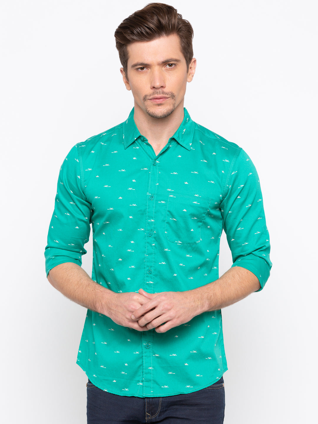 Spykar Men Turquoise Printed Slim Fit Casual Shirt