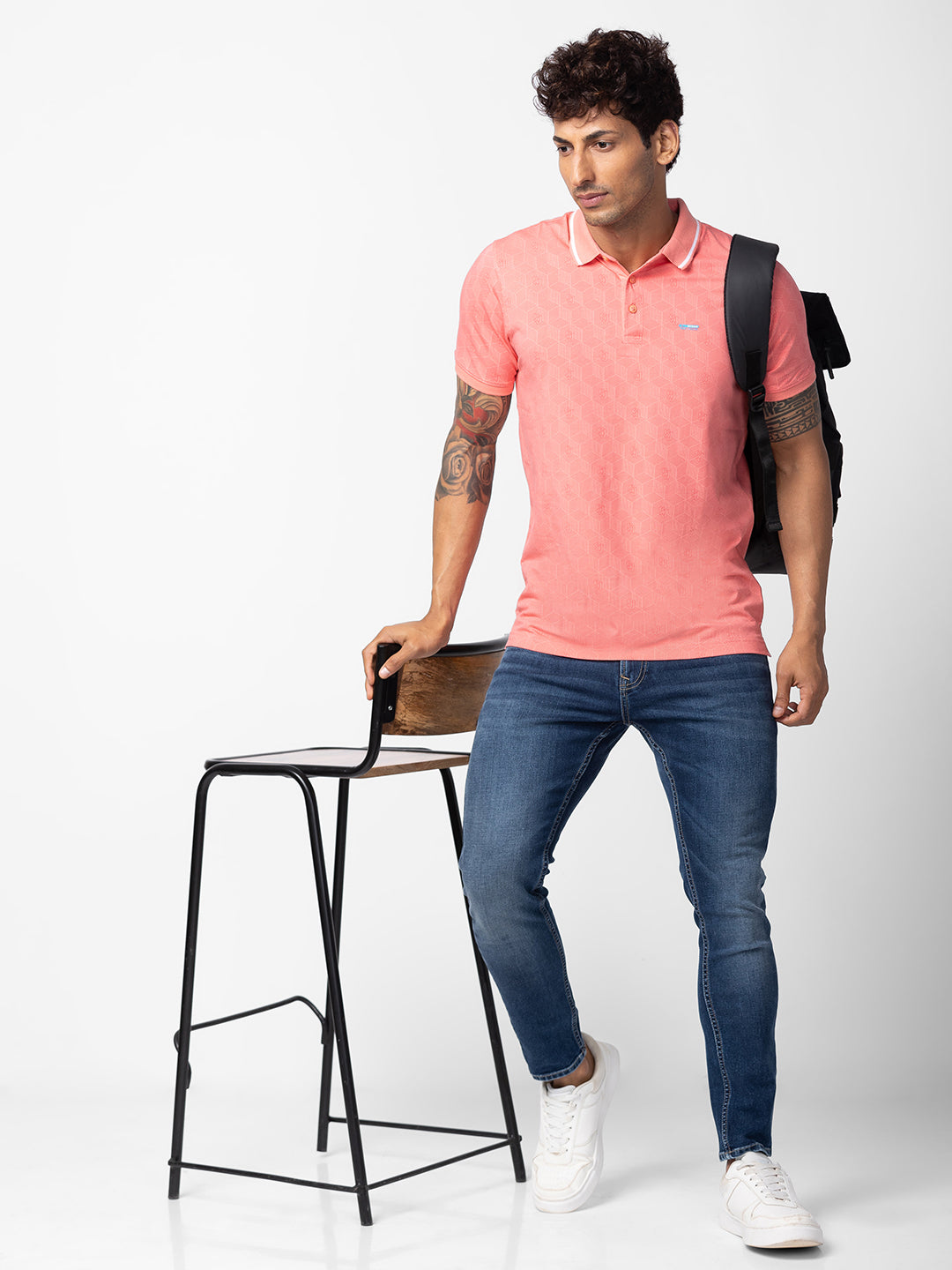 Spykar Men Peach Pink Cotton Regular Fit Half Sleeve Printed Polo T-Shirt