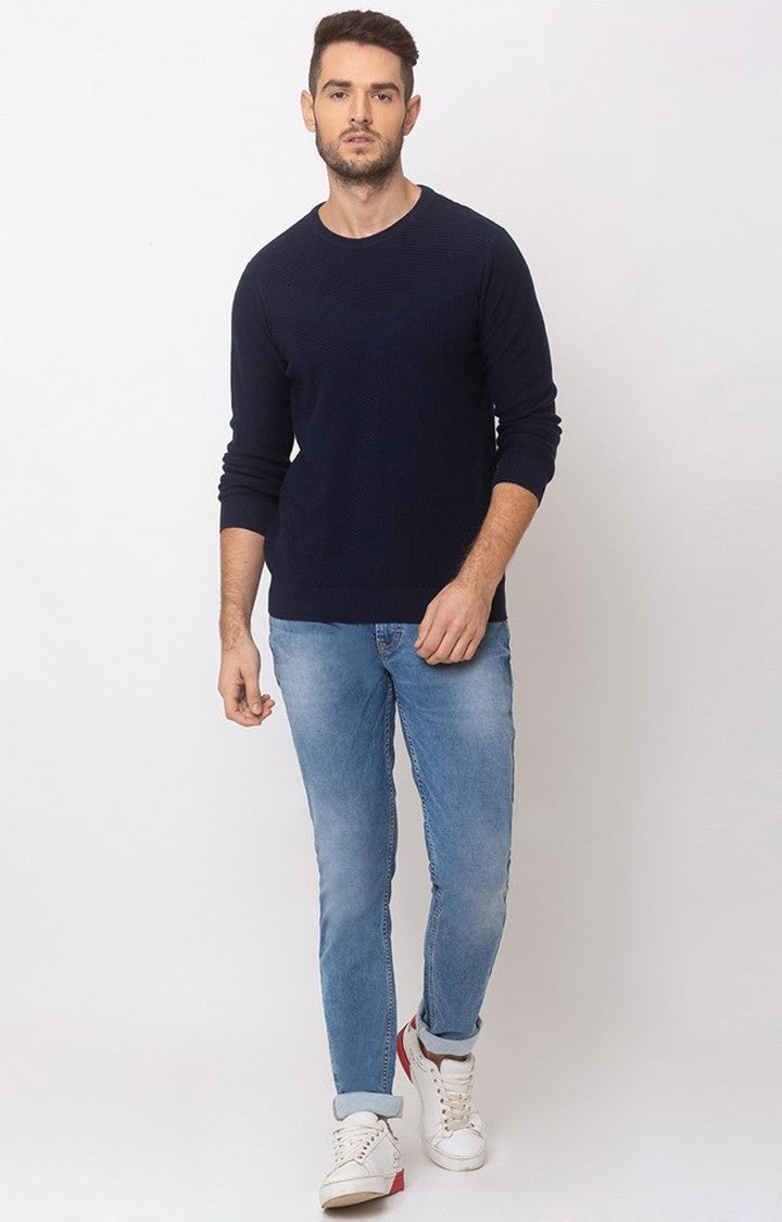 Spykar Navy Blue Cotton Regular Fit Sweater For Men