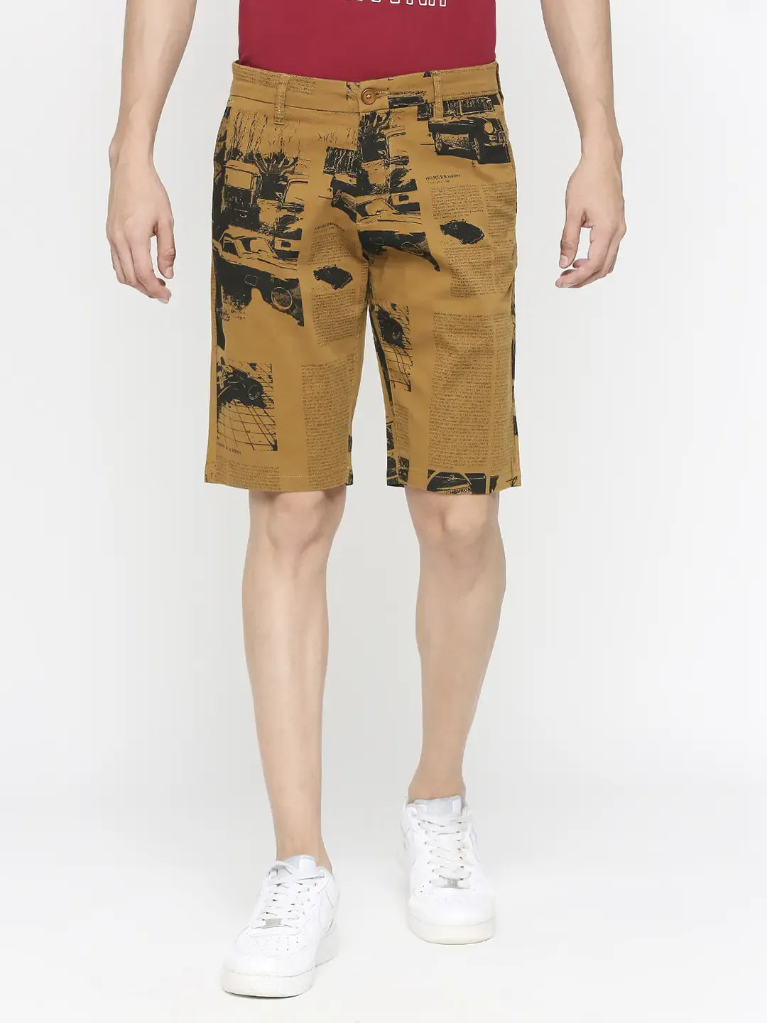 Spykar Men Khaki Cotton Slim Fit Printed Shorts