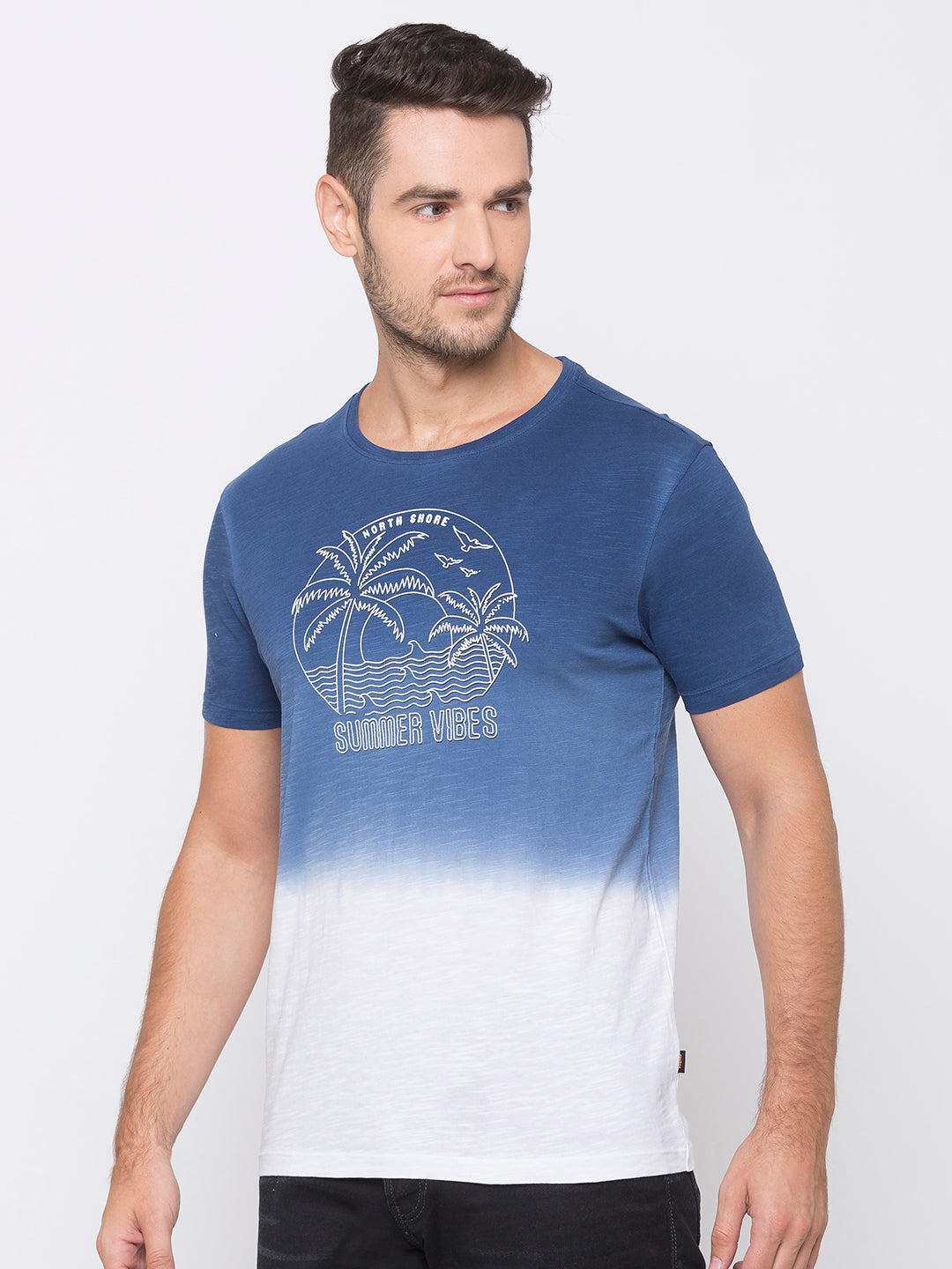 Spykar Men Blue Cotton Slim Fit Round Neck T-Shirt