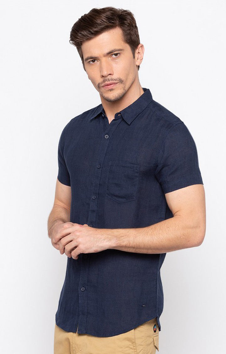 Spykar Men'S Blue Cotton Solid Casual Shirts