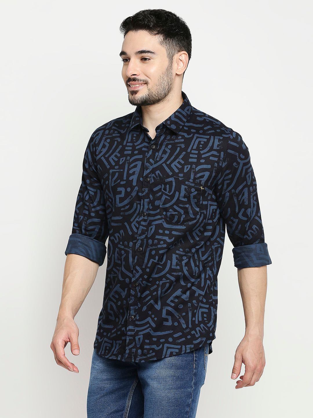 Spykar Navy Blue Cotton Full Sleeve Printed Shirt For Men