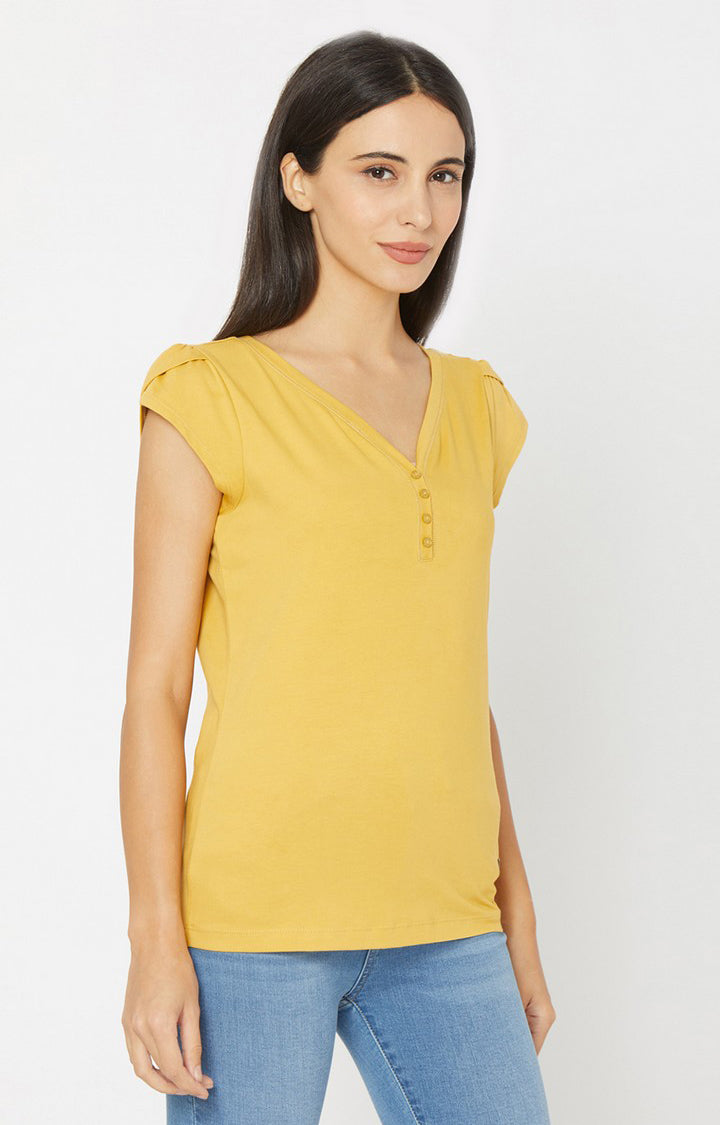 Spykar Women Yellow Cotton Regular Round Neck T-Shirts