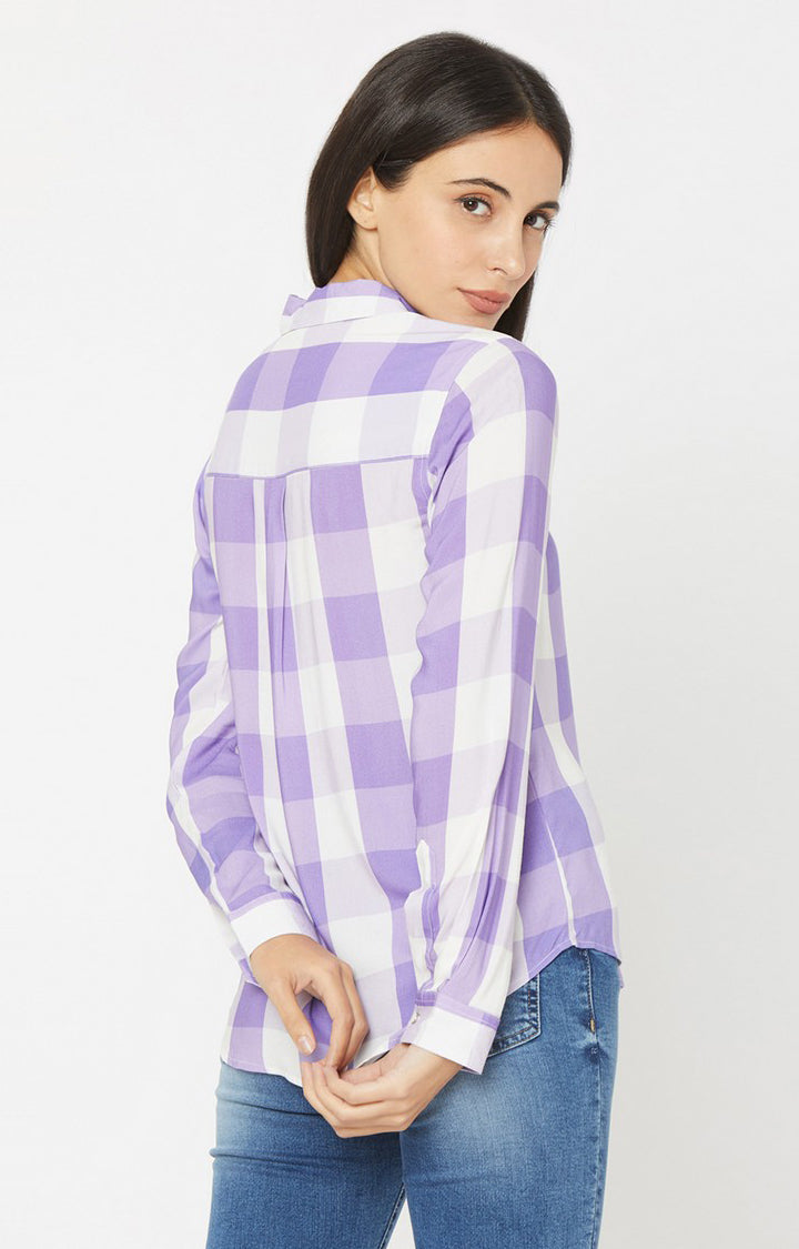 Spykar Women Lilac Viscose Checks Full Sleeve Shirts