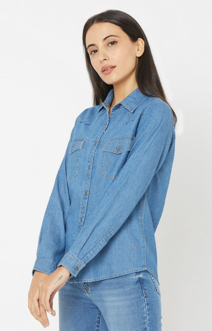 Spykar Women Blue Cotton Slim Fit Denim Shirts