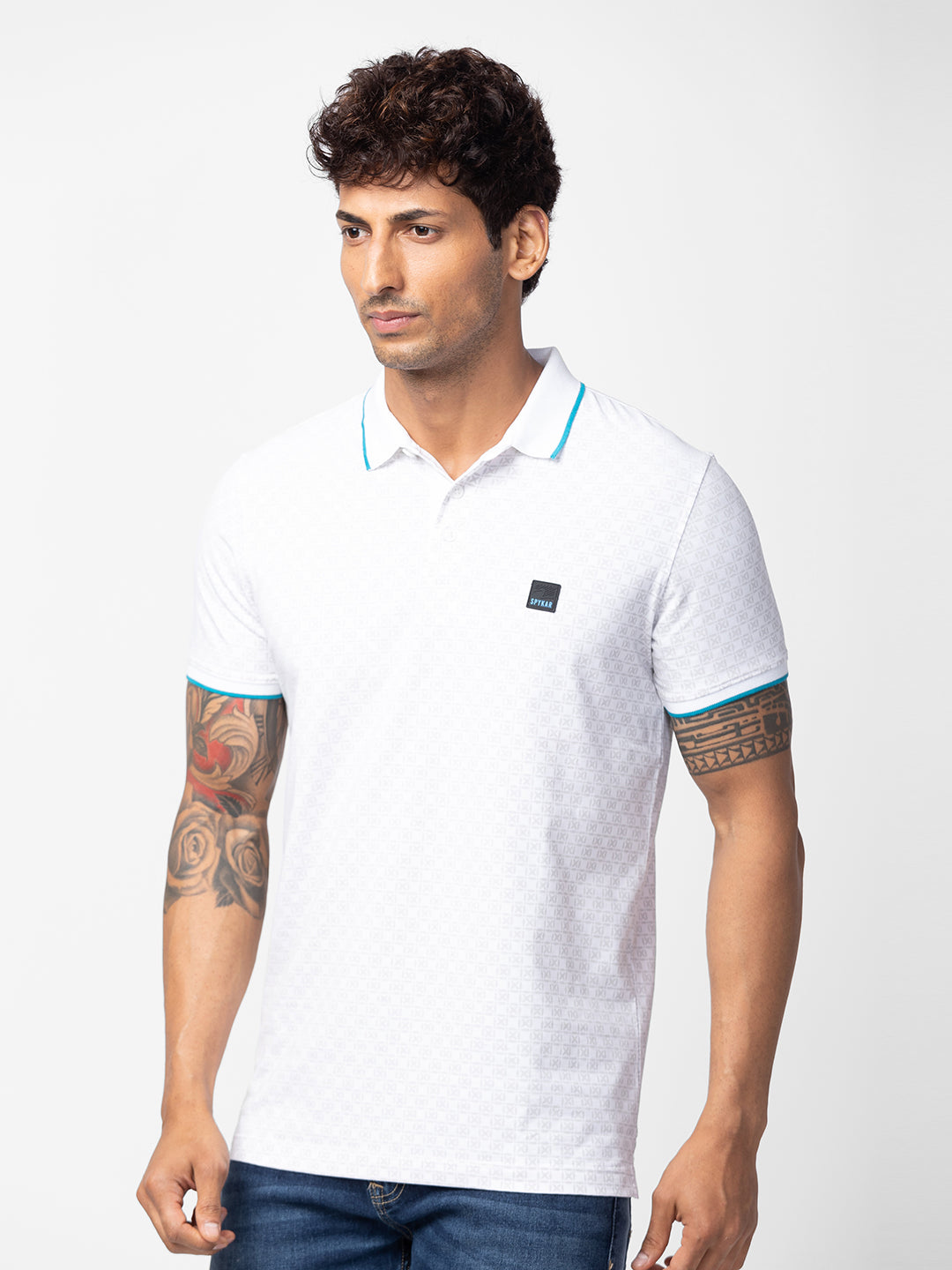 Spykar Men White Cotton Regular Fit Half Sleeve Printed Polo T-Shirt