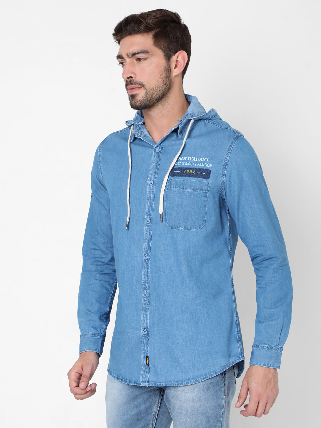 Spykar Blue Cotton Slim Fit Hooded Shirts For Men