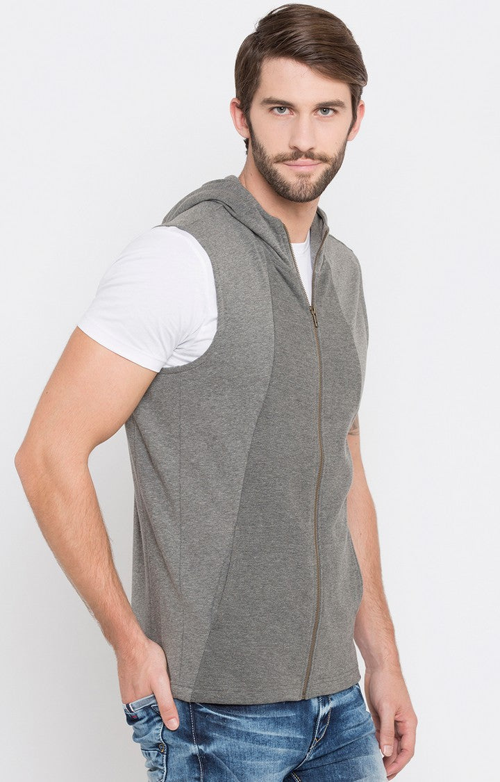 Spykar Men Grey Cotton Slim Fit Hooded Sweatshirt