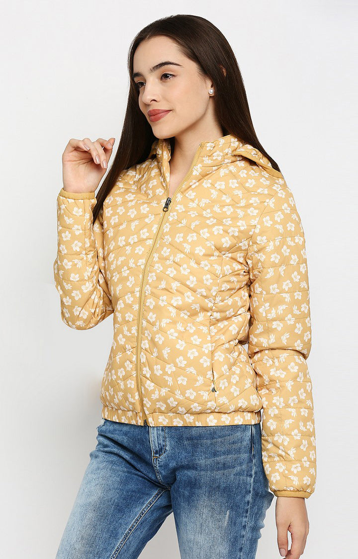 Spykar Women Yellow Cotton Regular Fit Hoodie Jacket