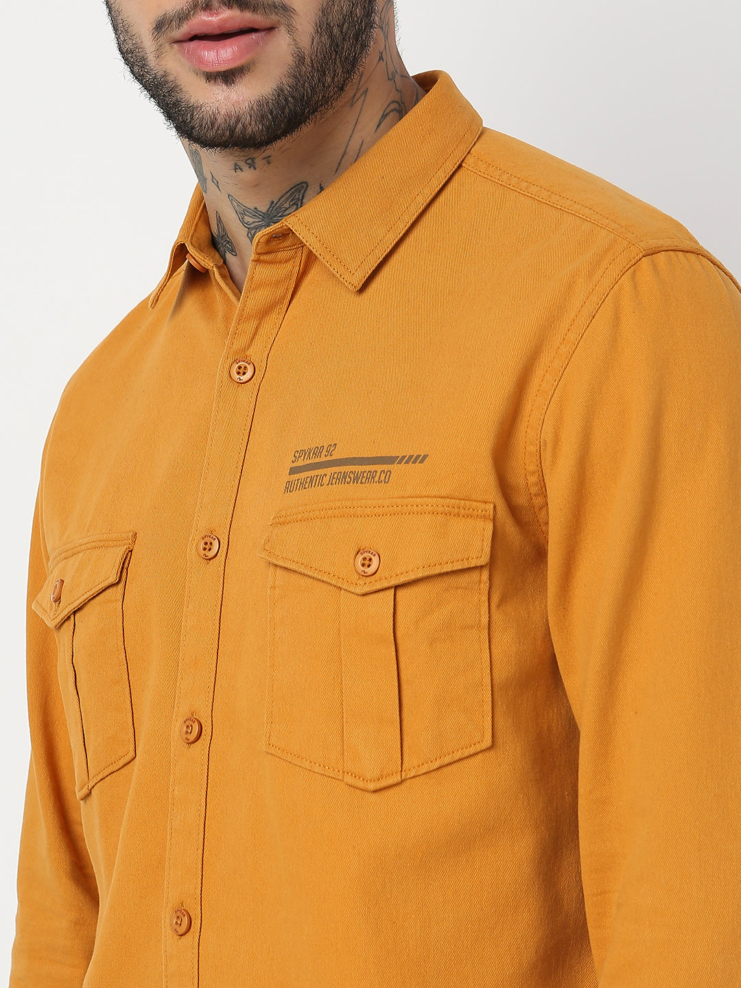 Spykar Men Mustard Cotton Slim Fit Plain Shirts