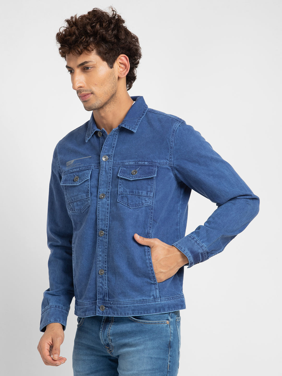 Spykar Men Blue Cotton Slim Fit Denim Jacket