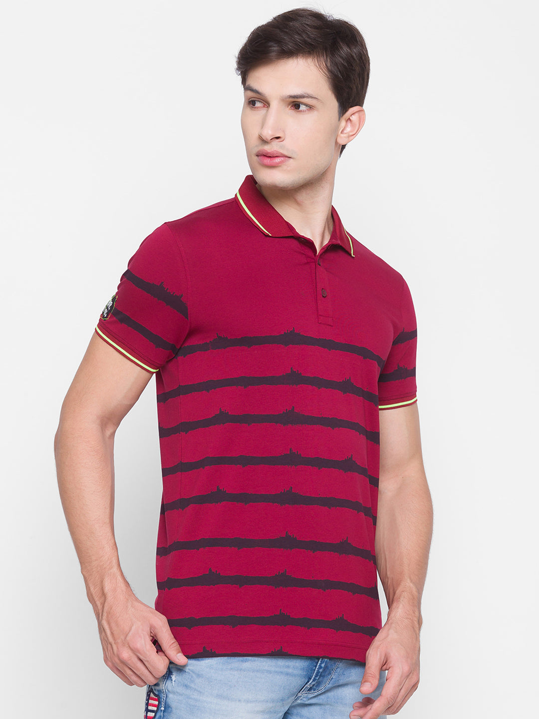 Spykar Men Red Cotton Slim Fit Polo T-Shirt