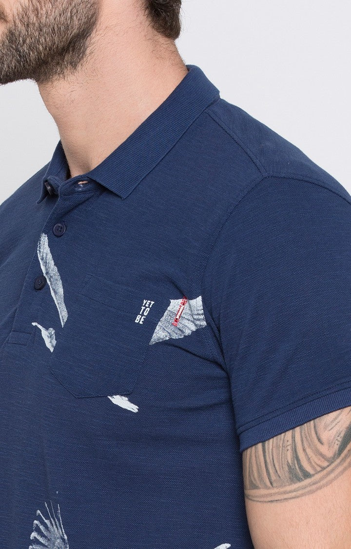 Spykar Blue Printed Slim Fit Polo T-Shirt