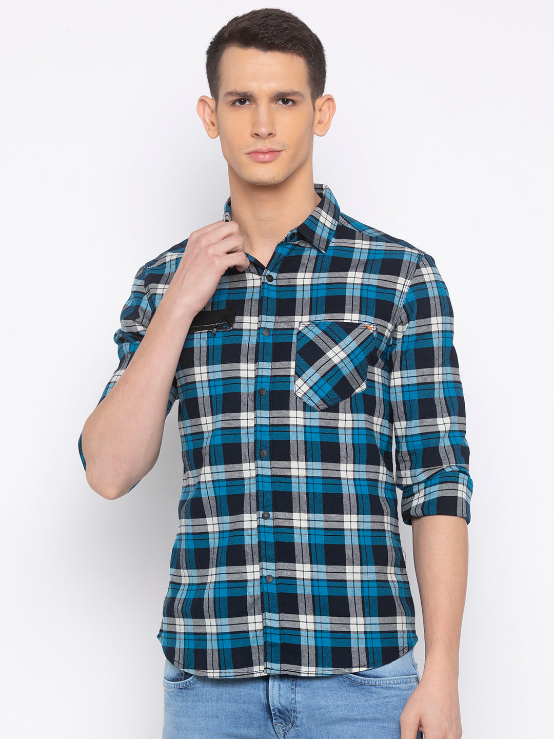 Spykar Men Blue Checked Slim Fit Casual Shirt