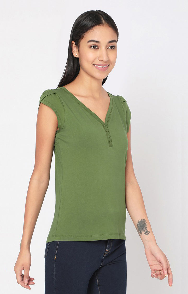 Spykar Women Green Cotton Regular Round Neck T-Shirts