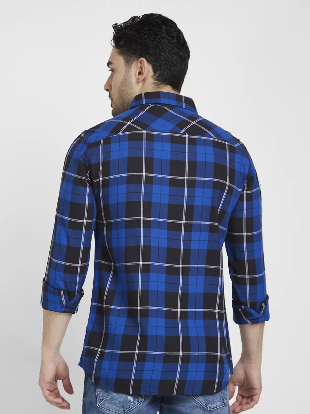 Spykar Men Nautical Blue Cotton Regular Slim Fit Full Sleeve Checkered Shirt