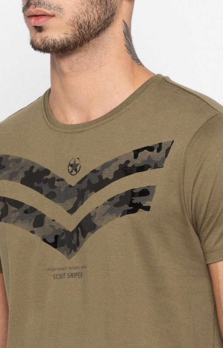 Spykar Olive Printed Slim Fit Men T-Shirts