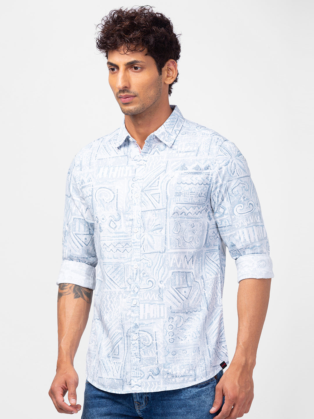 Spykar Men Grey Cotton Slim Fit Printed Shirts