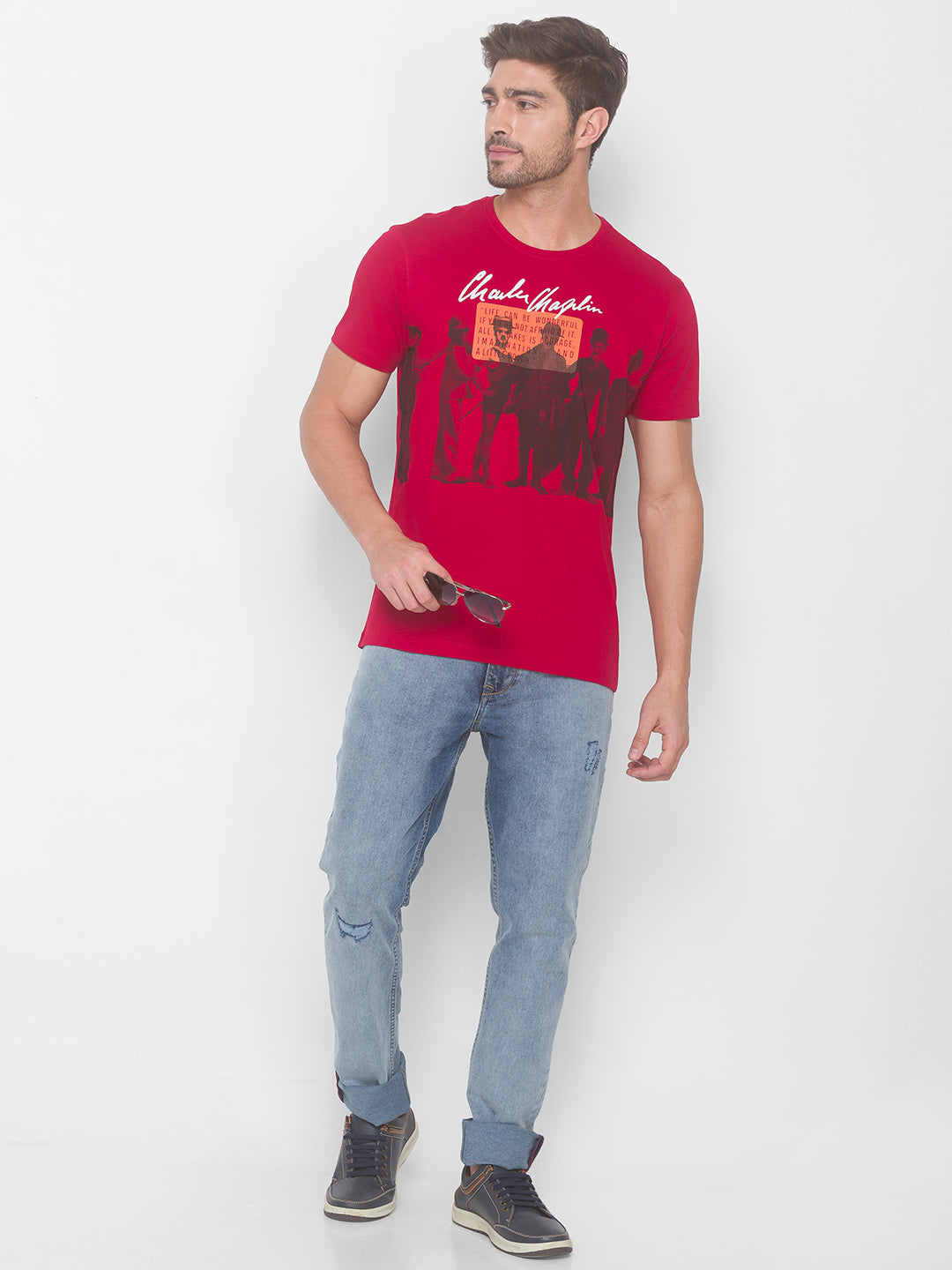 Charlie Chaplin Spykar Men Red Cotton Slim Fit Round Neck T-Shirt