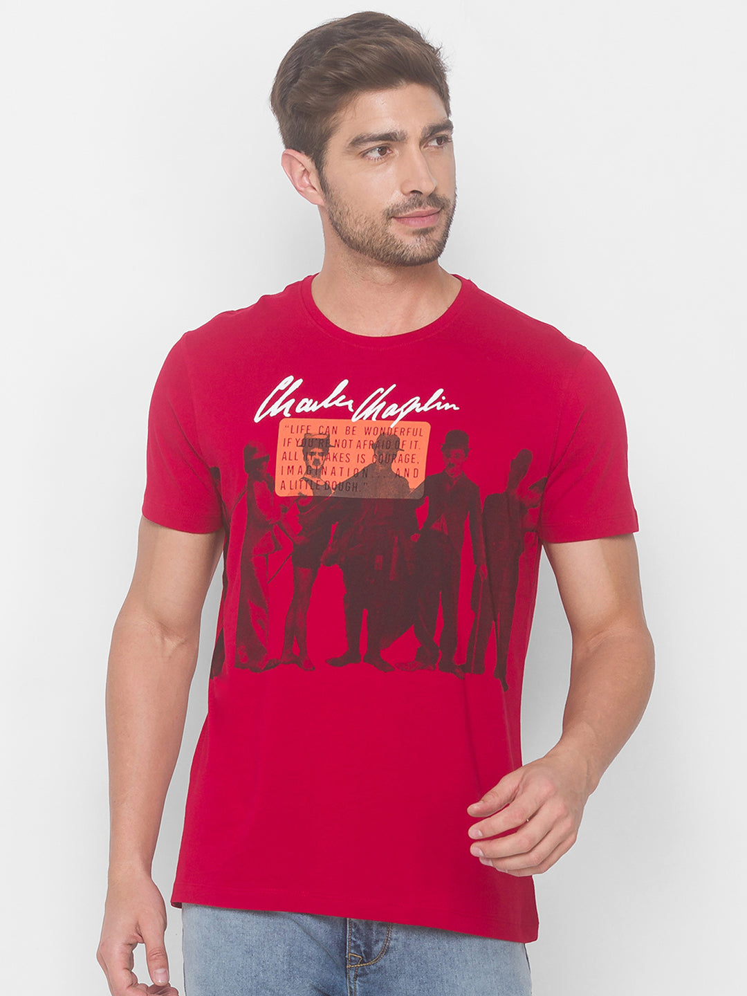 Charlie Chaplin Spykar Men Red Cotton Slim Fit Round Neck T-Shirt