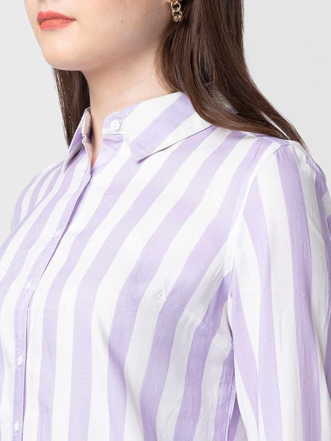 Spykar Women Lilac Cotton Slim Fit Striped Shirts