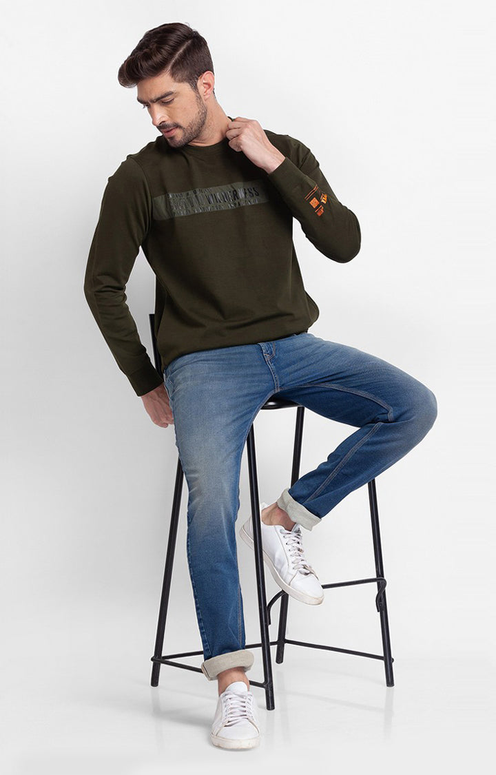 Spykar Rifle Green Cotton Full Sleeve Round Neck Sweatshirt For Men