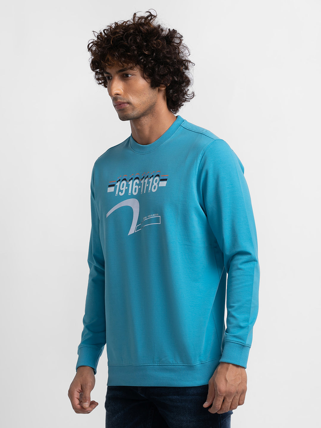 Spykar Cool Blue Cotton Full Sleeve Round Neck Sweatshirt For Men