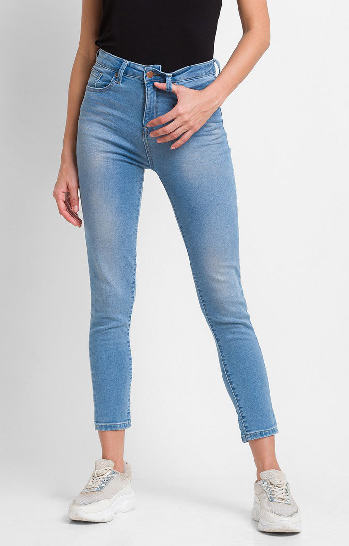 Spykar Mid Blue Cotton Super Skinny Regular Length Jeans For Women