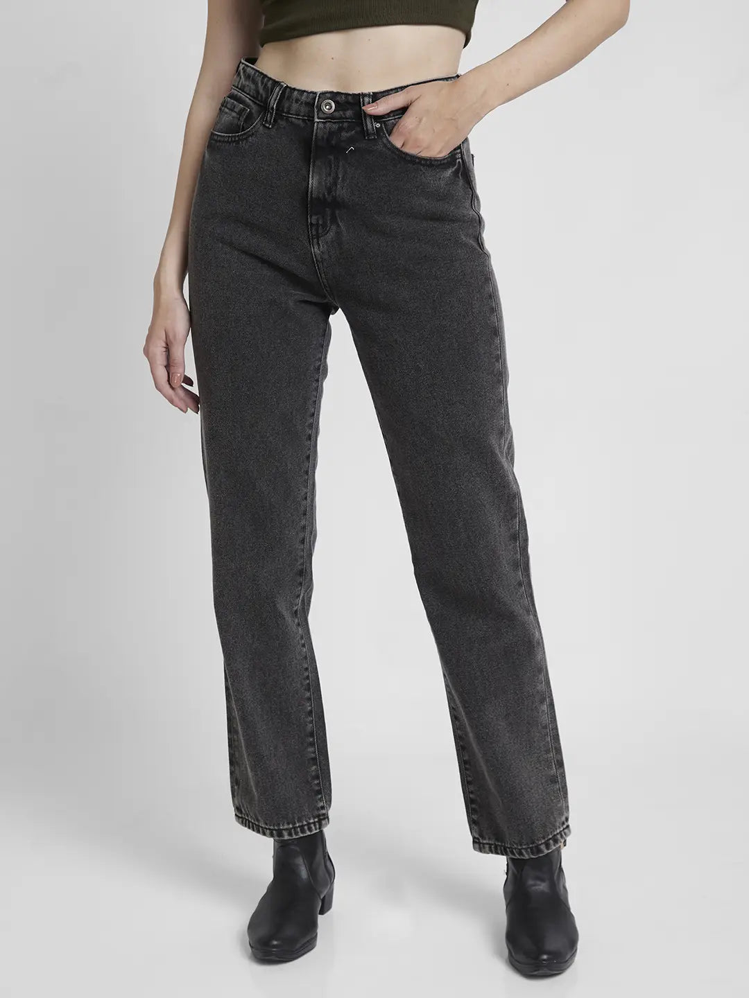Spykar Women Charcoal Grey Cotton Straight Fit Regular Length Clean Look Jeans -(Bella)