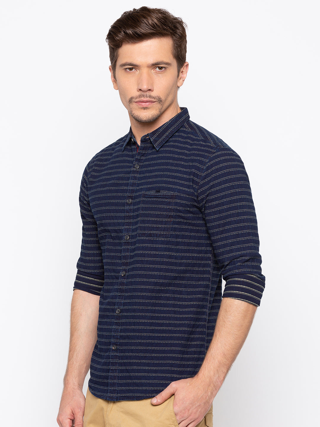 Spykar Men Indigo Striped Slim Fit Casual Shirt