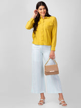 Spykar White Cotton blend Bootcut Fit Ankle Length Striped Trousers