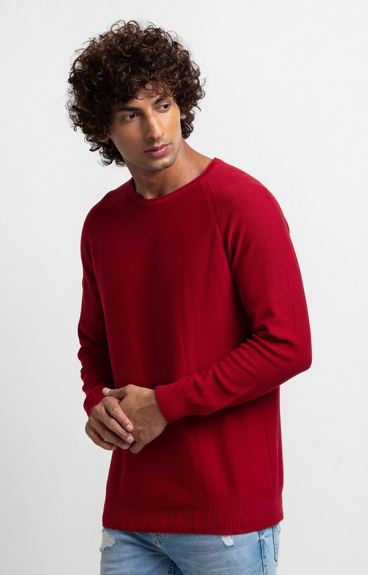 Spykar Deep Red Cotton Full Sleeve Casual Sweater For Men