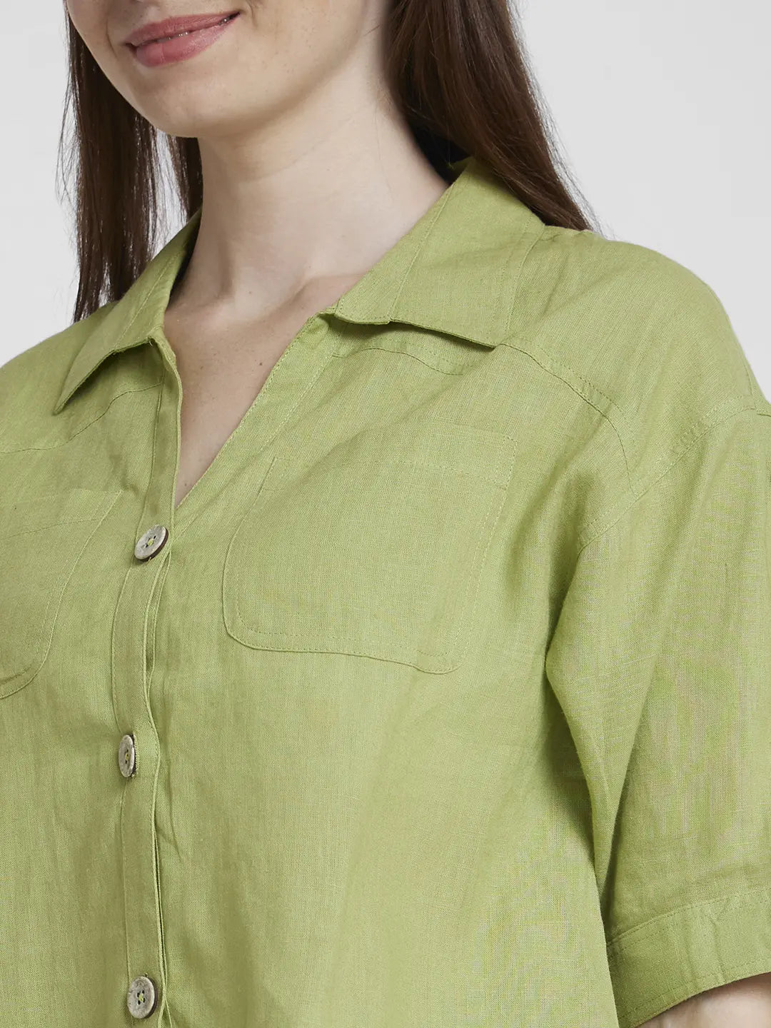 Buy OnlineSpykar Women Bay Leaf Viscose Linen Slim Fit Half Sleeve Plain  Crop Shirt