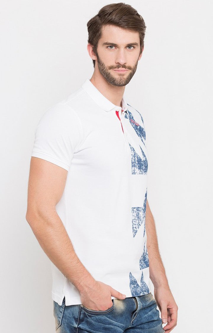 Spykar White Printed Polo T-Shirt