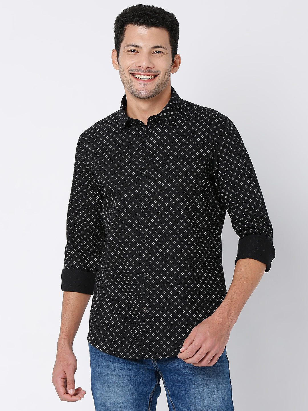 Spykar Men Black Cotton Full Sleeve Printed Shirt